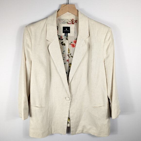 Jules & Leopold Linen Blend Blazer Women M Cream 3/4 Sleeve Floral Lined Jacket - Picture 1 of 4